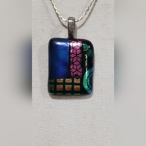 Iridescent Blue Dichroic Pendant Necklace